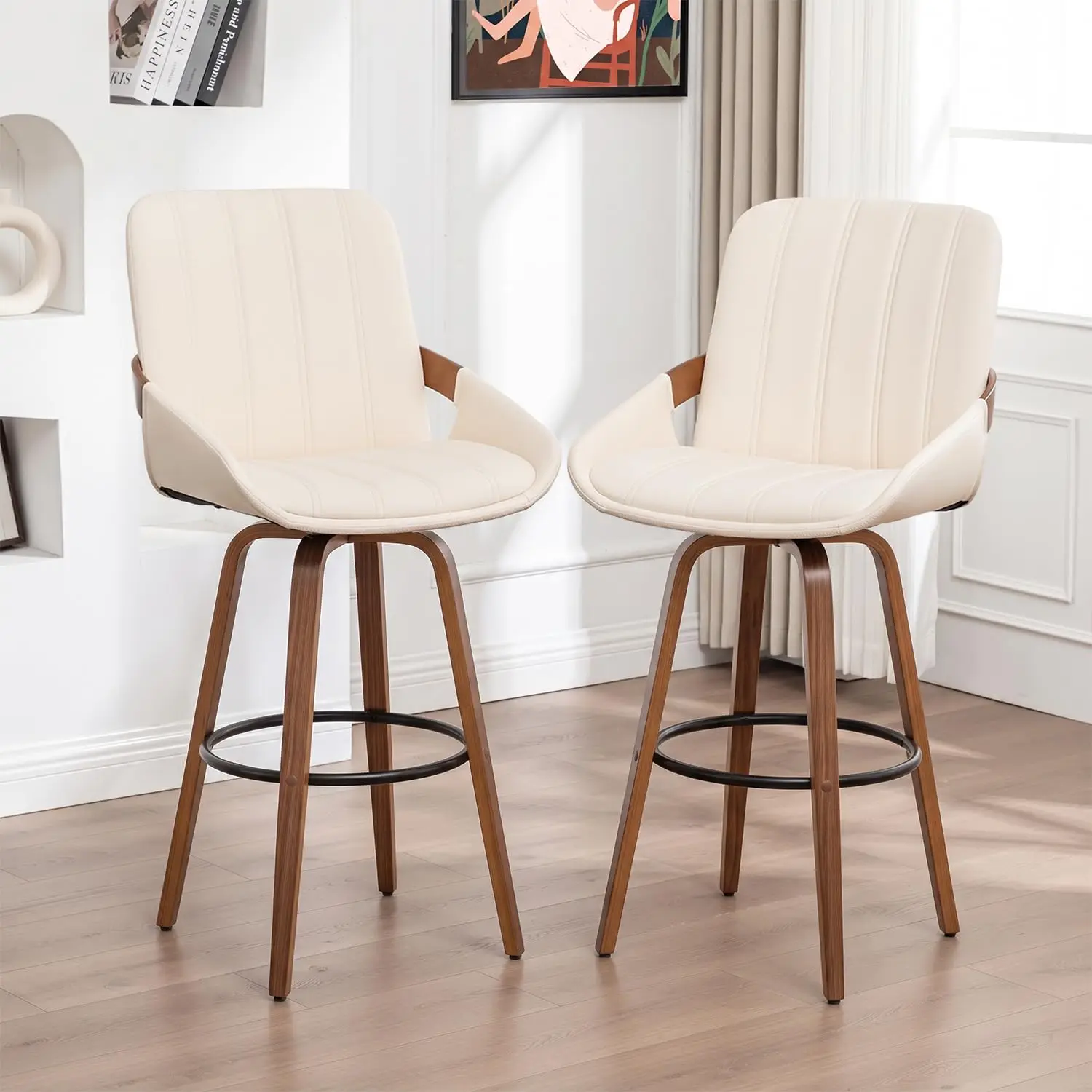 Beige Bar Stools 26 Inch Counter Height Set of 2 Leather Counter Stools with Backs, Mid Century Modern Swivel, Customized