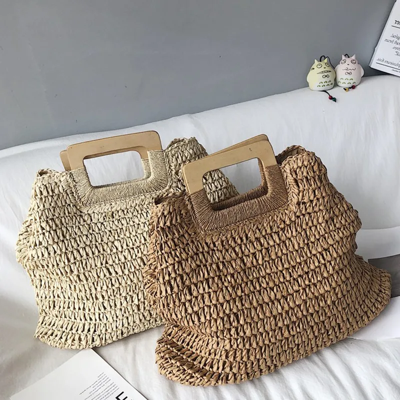 

Woven Solid Color Large Capacity Travel Totes Summer Beach Straw Bag With a Wooden Handld Hollow Out Zip Handbags Clutch Purse