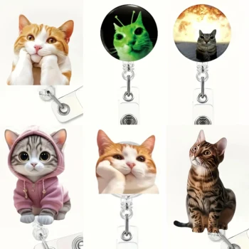 1pc cute cat Retractable Badge Reel with Metal Clip，360° Swi...