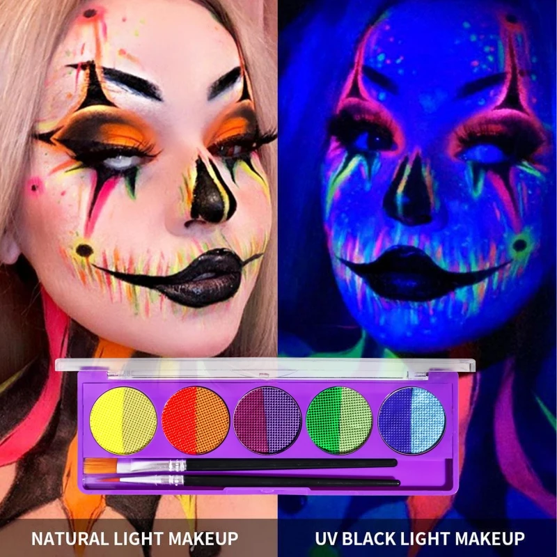 UV Face Body Paint Fluorescent Makeup Palette With 2Pcs Makeup Brushes Water Activated Eyeliner Club Party Halloween Maquiagem