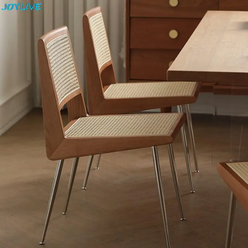 JOYLIVE Rattan Dining Chair Simple Solid Wood Back Chair Log Stainless Steel Chair Japanese Style Warm Living Home Use Furniture