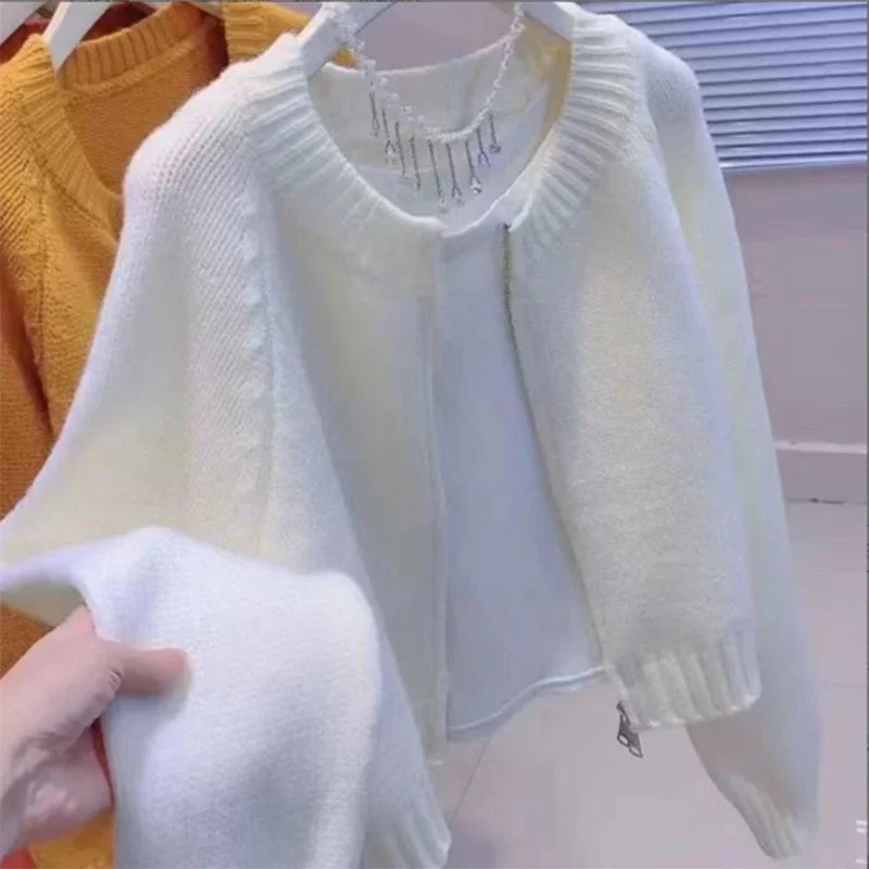 Long Sleeves Short Sweater Jacket for Women's Autumn New Korean Version Loose Slimming Lazy Style Zipper Knitted Cardigan Top