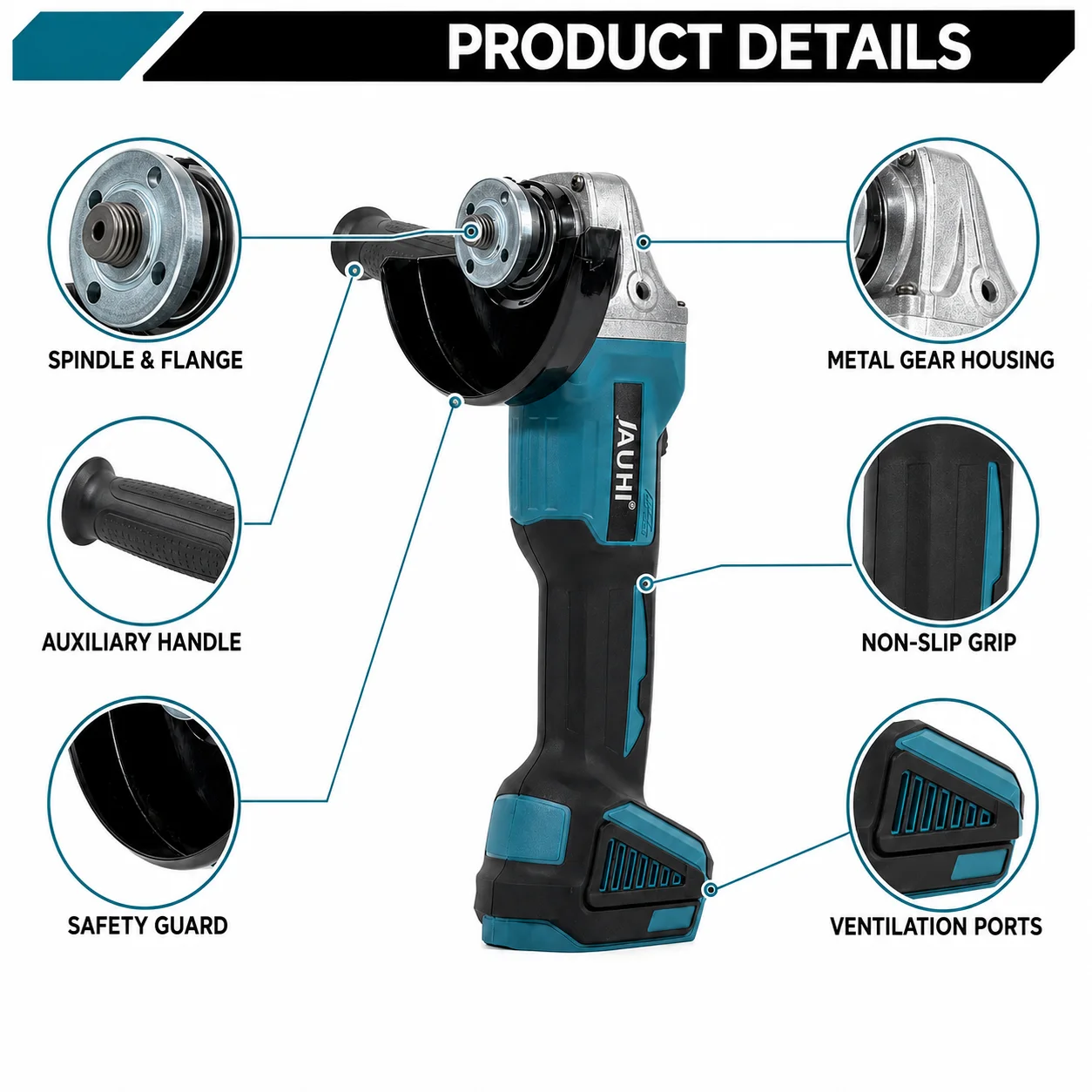 JAUHI 125MM 4 Gear Brushless Electric Angle Grinder Cutting Machine Power Tool with Makita 18V Battery for Decoration Tools