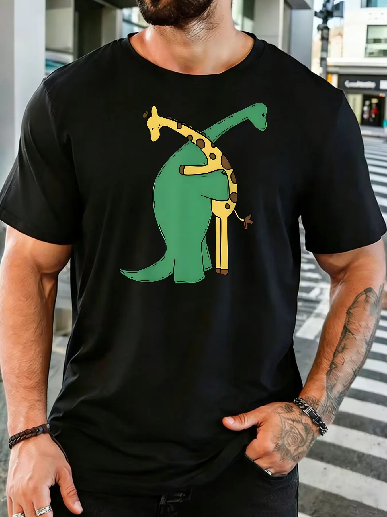 Male Black Round Neck T Shirt Lovely Dinosaur Embrace Giraffe Print Sweet Hug Wild Animal Cartoon Funny Daily Cotton Tee