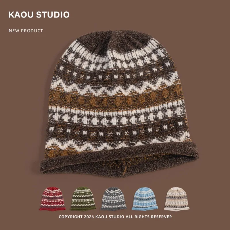 Japanische Retro-Fel-Island-Strickmütze mit gerolltem Rand für Damen, Herbst- und Winter-Outdoor-Warmmütze mit Ohrenschutz – Detail 1