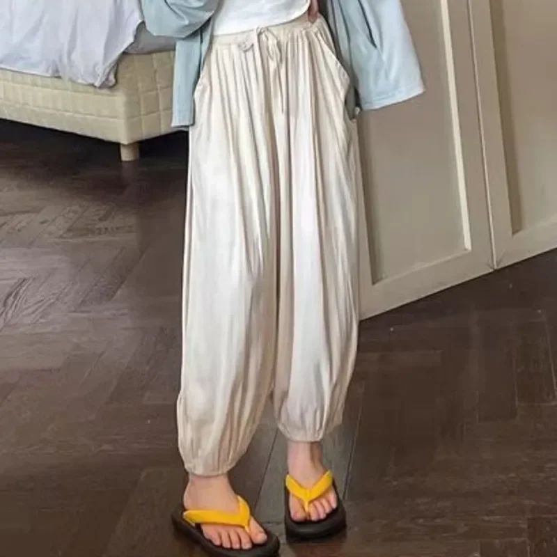 

Летние стильные шаровары из тонкого ледяного шелка для детей среднего и большого возраста с драпирующимися леггинсами, повседневные брюки для девочек, брюки с защитой от комаров