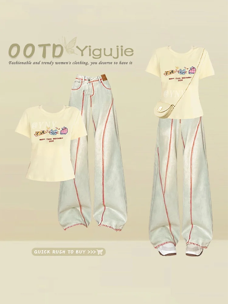 

Adorable Retro Cartoon Print round Neck Short Sleeve T-Shirt And Jeans Two Piece Set Korean Style Summer Clothing for Women