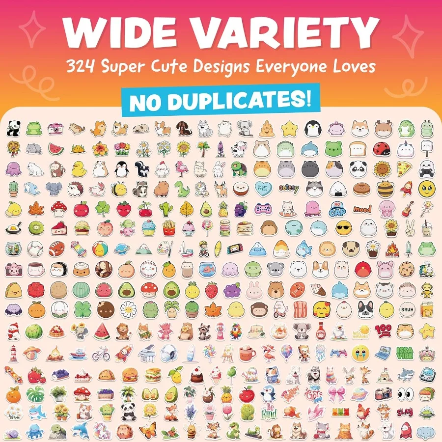 Cute Stickers for Kawaii Stickers for Water Bottle Teacher Rewards 324pc Easy Peel Bulk Pack for Teens Waterproof Vinyl Decals