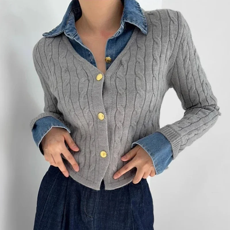 Gagaok koreanische Mode gestrickte Strickjacke Mantel Metall einreihige Nähte Jeans gefälschte zwei gebratene Teig Twists Pullover Top