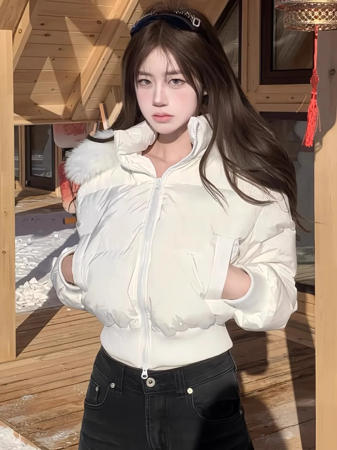 سترة قطنية قصيرة دافئة بياقة فرو كبيرة للنساء في شتاء 2025، مقاس نحيف، حزام الخصر، مزاج التخسيس، جا قطن