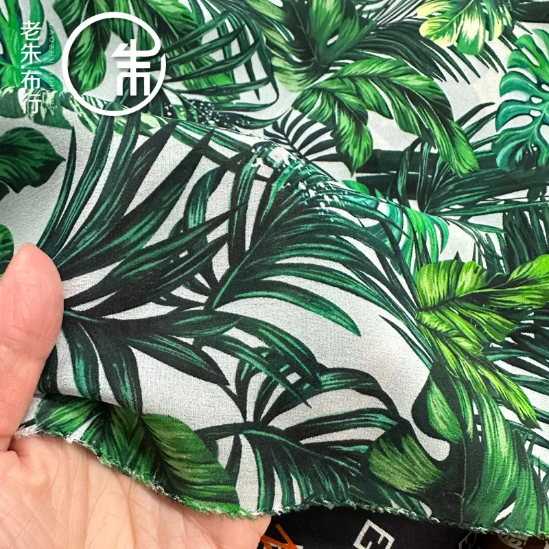 Green Tropical Leaves Plant Pattern Silk Silk Crepe De Chine Fabric 16 Momme Thin Cloth Shirt Skirt