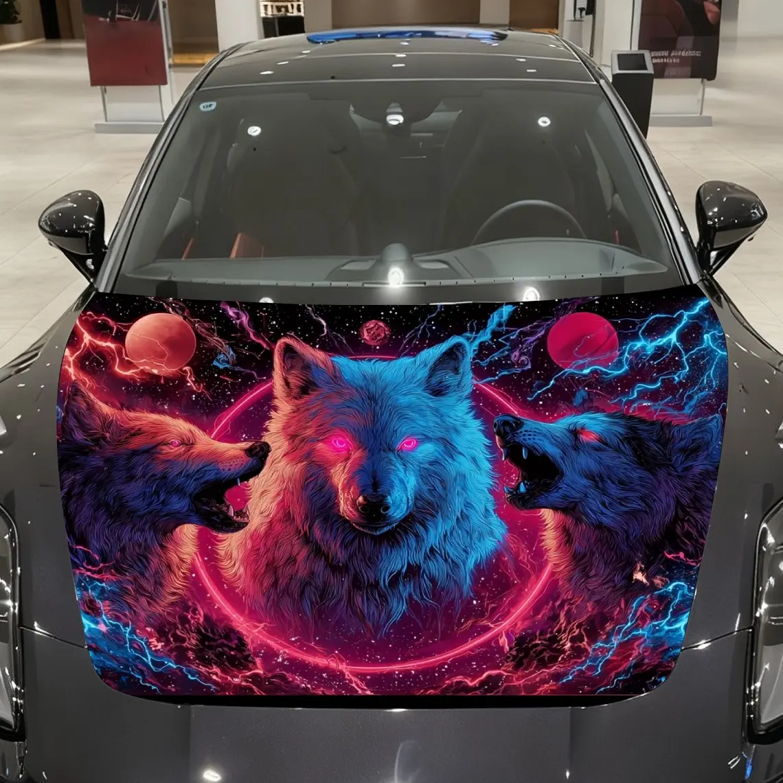 

Colorful Electric Wolves and Planets Car Vinyl Wrap, PVC Material Waterproof Car Hood Sticker, Self-Adhesive Scratch-Resistant S