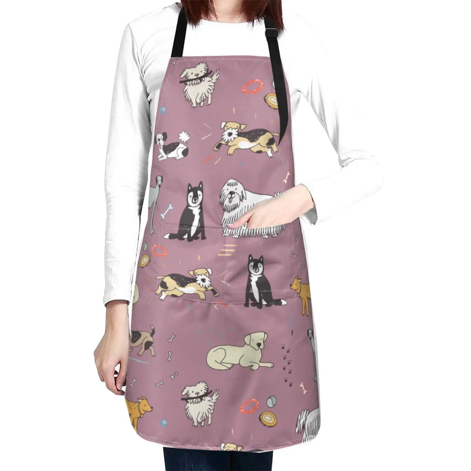 

Cute Dogs Animal (Amaranth) Waterproof Apron With 2 Pockets Kitchen Chef Aprons Bibs For Cooking Baking Painting Gardening