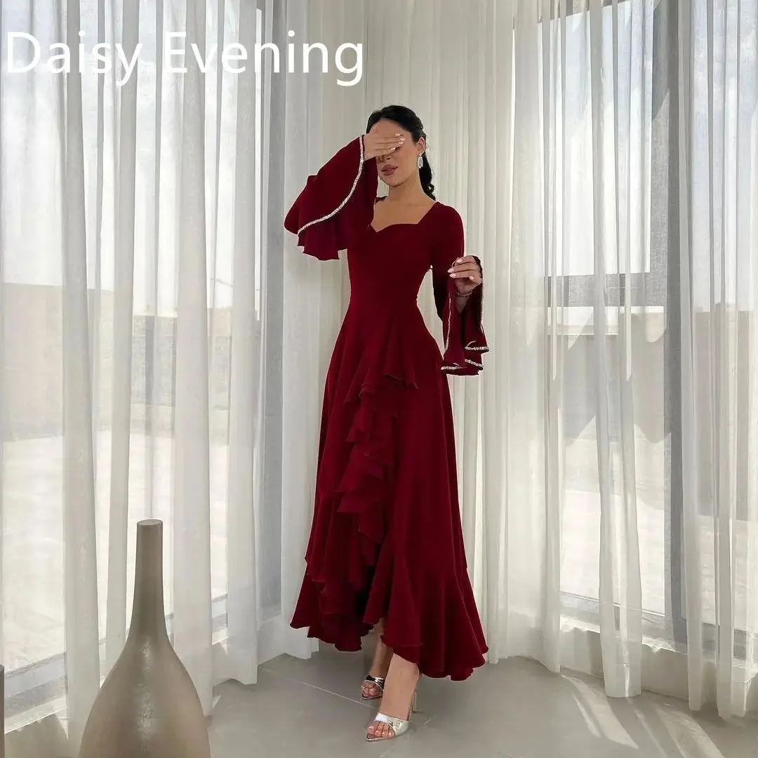 

Red A Line Prom Dresses 2024 Gorgeous Evening Dress Long Sleeve Chiffon Cocktail Ankle-length Saudi Arabia Wedding Party Dress