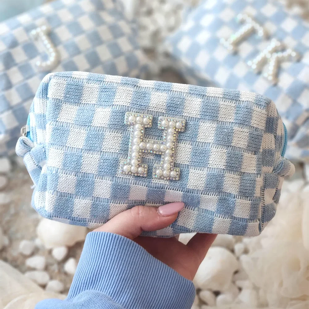 

Custom Initials Blue Checkered Cosmetic Bag Last Toast On The Coast Bridesmaid Favors Coastal Cowgirl Bachelorette Beach Party