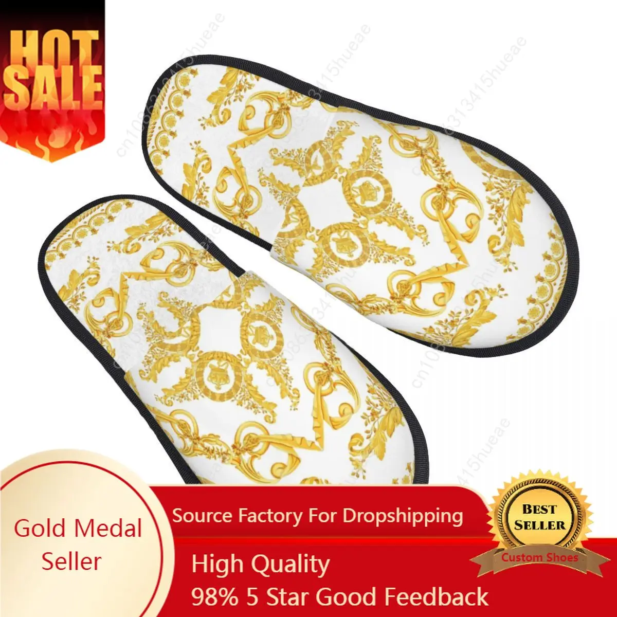 

Vintage Baroque Prints Greek Ornament Golden Meander Meandros Soft Scuff Memory Foam Slippers Women Hotel House Shoes