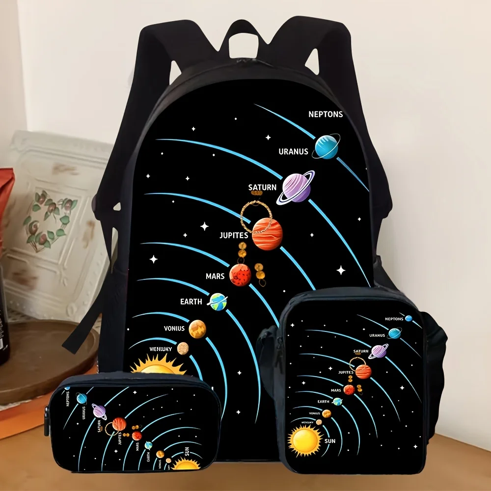3pcs [2D Flat] Solar System Planets Print Backpack Set, School Backpack with Pencil Case & Crossbody Bag, Space Theme Multipurpo