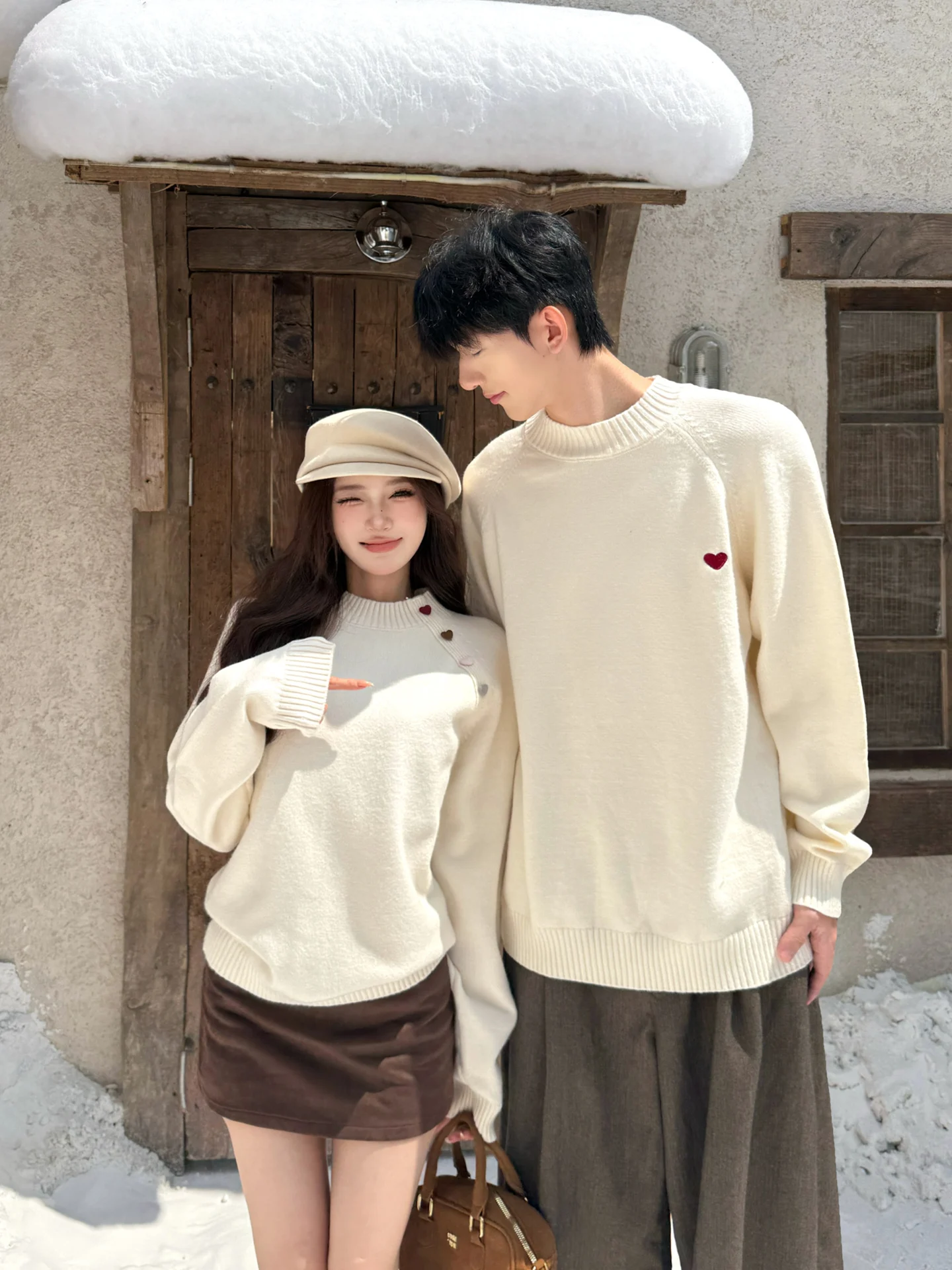 Korean Style Half High Collar Heart Pattern Couple Sweater Casual Versatile Lazy Style Knitted Shirt Autumn Winter New Arrival