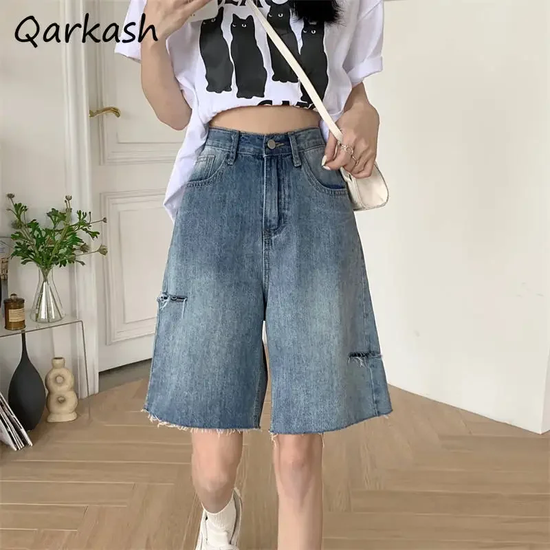 

Denim Shorts Women Hot Girls Distressed Ripped Summer High Waist Loose Straight Wide Leg Trousers Korean Prevalent Chic OL Daily