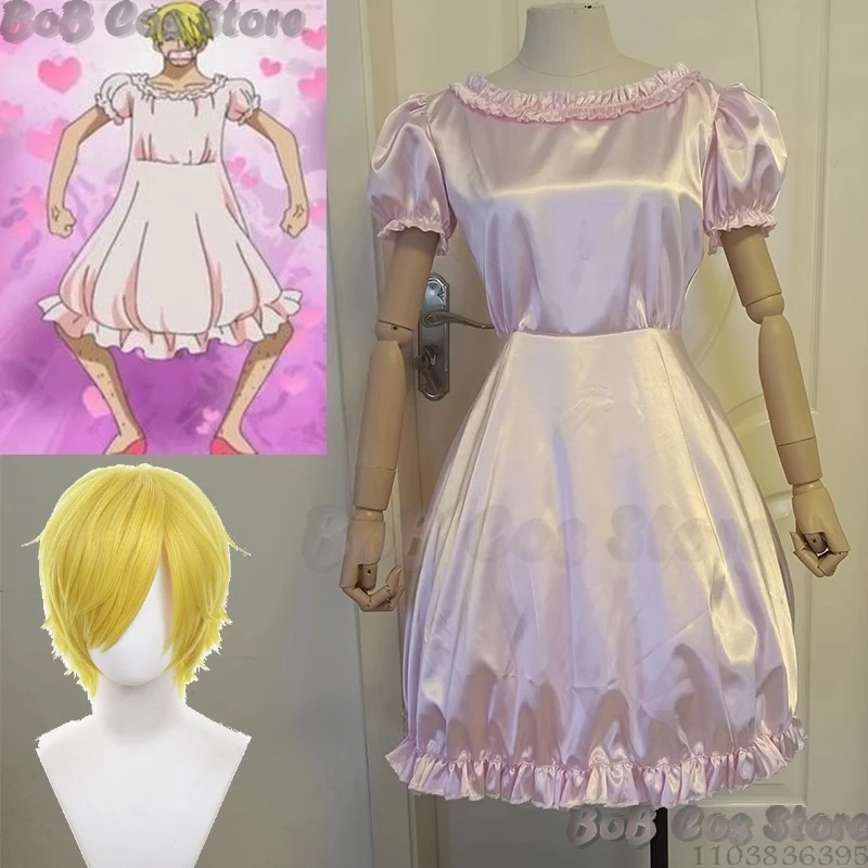 

Sanji Anime 1 piece Cosplay Princesse Cute Pink Long Dress Man Trans Woman Girls Party Dress Wig Halloween Carnival Customized