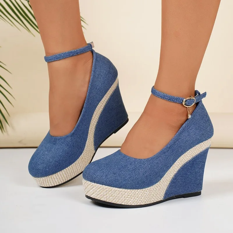 

New Summer Platform Wedge Shoes Women Baotou Fashion Round Toe Shallow Mouth Slip Strap Single Shoes
