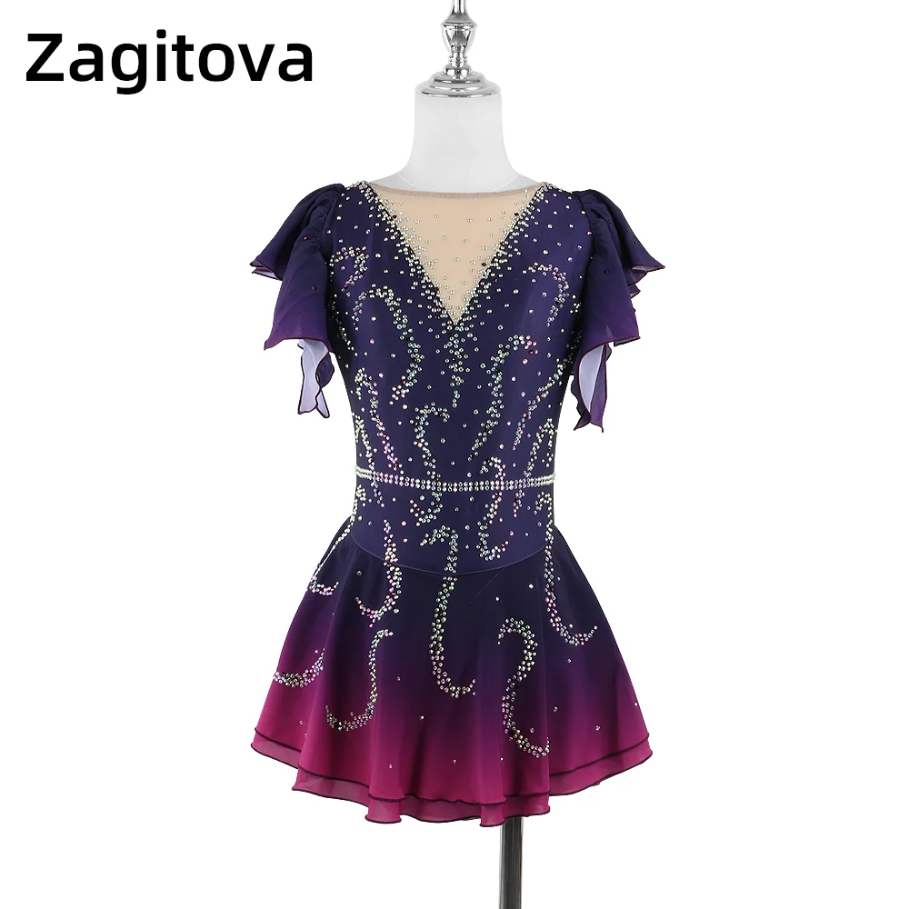 

Zagitova Figure Skating Dress For Women Girls Ice Skating Skirt Short Sleeve Purple Gradient Princess Dress With Shiny Diamond