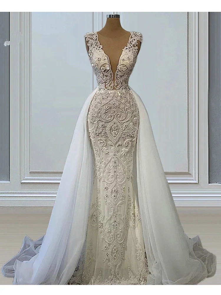 تخصيص كاب الأكمام كامل يزين الخرز ثوب الزفاف مع تول Overskirt Vestidos De Novia حورية البحر ثوب الزفاف