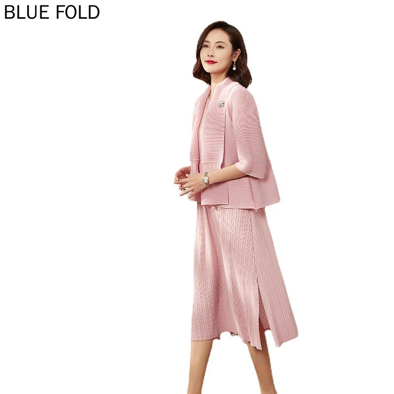 Miyake Pleated Fashion Dress Set, Seven-Point Sleeved Cardigan Top, Slit Midi Dresses, Elegant, 2-Piece