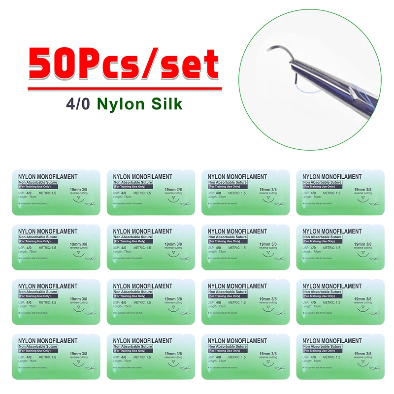50Pcs 4/0 Medical Thread Suture Nylon Silk Veterinary Practice Suture Kit Non-injured For Medical Students Education