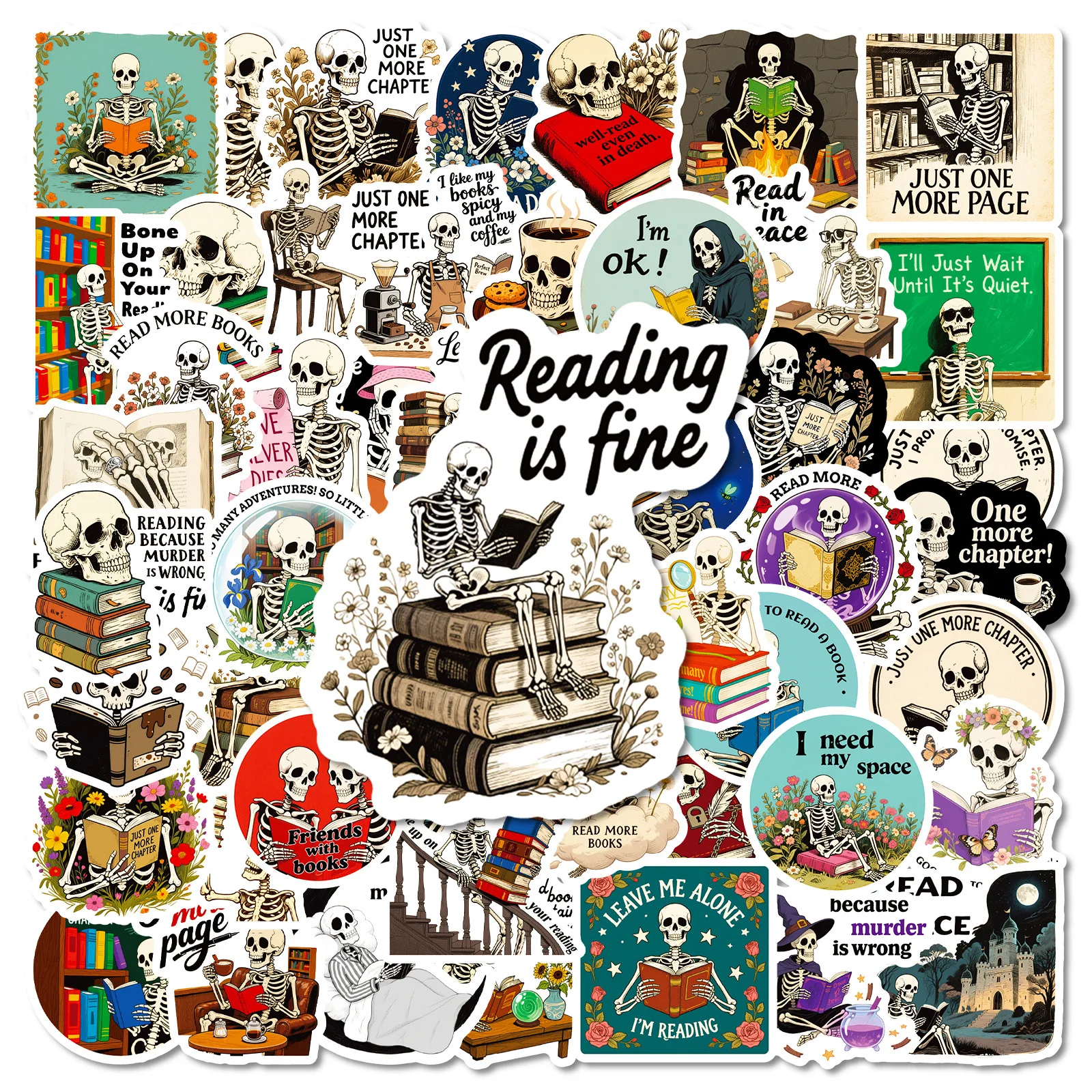 56PCS New Creative Skeleton Book Reading Graffiti Sticker Gothic Funny Graffiti Waterproof Decal DIY Wardrobe Water Cup Desk