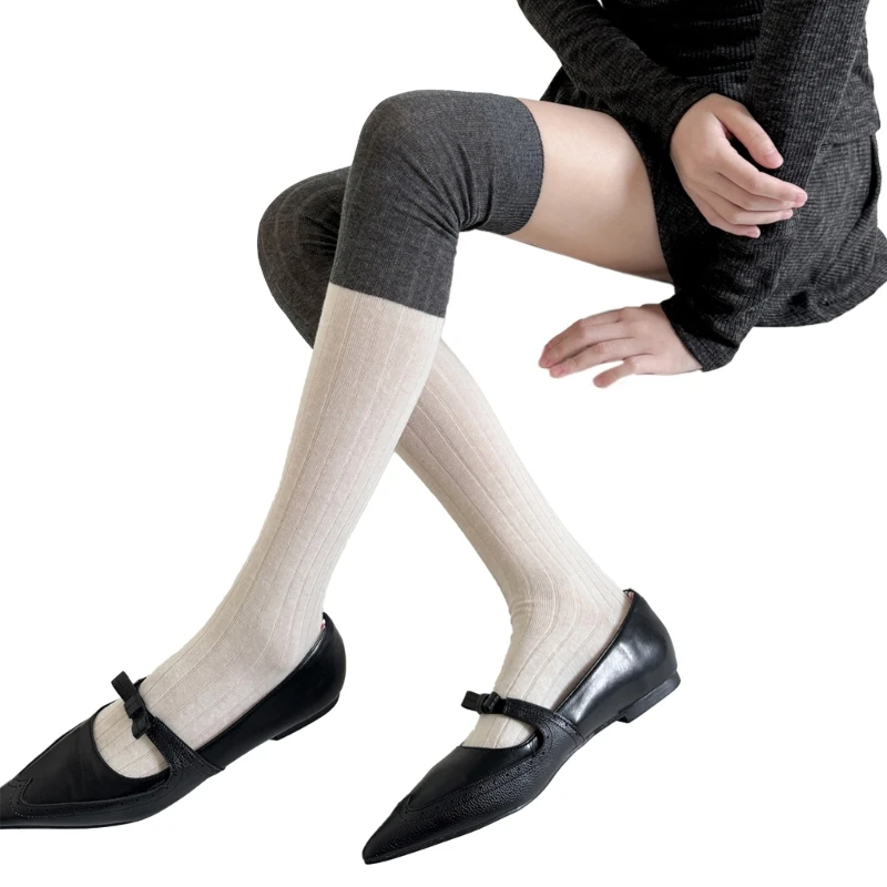 

Japanese Women Ribbed Striped Thigh High Long Stockings Preppy Elegant Patchwork Over Knee Long Tube Socks