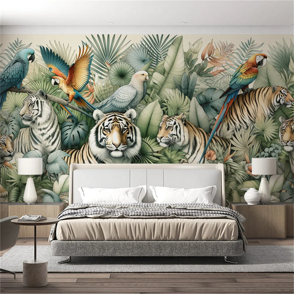 Customized 3D printed jungle wallpaper featuring tiger and parrot murals in tropical plants