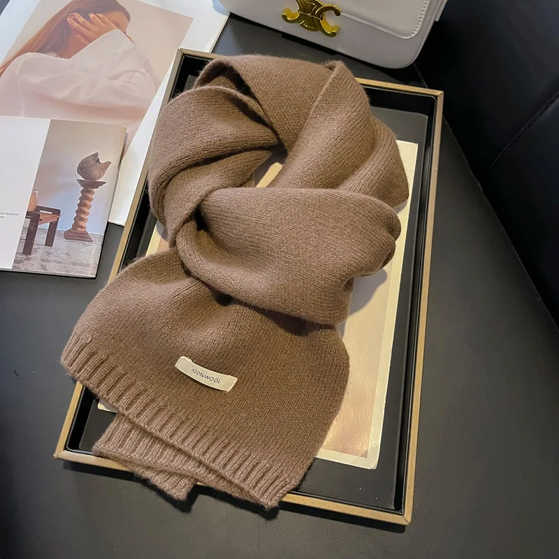 Winter Warm Scarves Fashionbale Trend Knitted Scarf Women 100% Wool Bright Solid Color Design Thickened Soft Cashmere Shawl