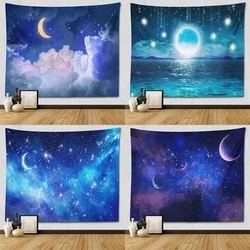 Blue starry sky and moon pattern galaxy universe hanging cloth home decoration wall tapestry living room background cloth