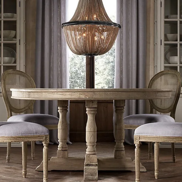 American Retro Distressed Solid Wood Round Table Country Dining Tables and Chairs Set