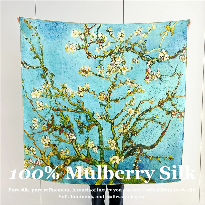 

Artistic Floral 100% Mulberry Silk Scarf 110*110cm Hand Rolled Edge Real Silk Large Square Shawl Wrap Pashmina Poncho Scarves
