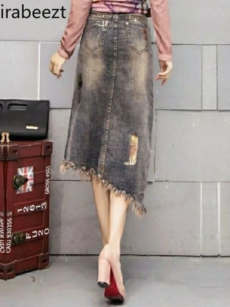 2024 Summer New Denim Skirt Female Furred Edge Printed Irregular Denim A-line Package Hip Denim Skirt Jupe Fleurie Femme Été