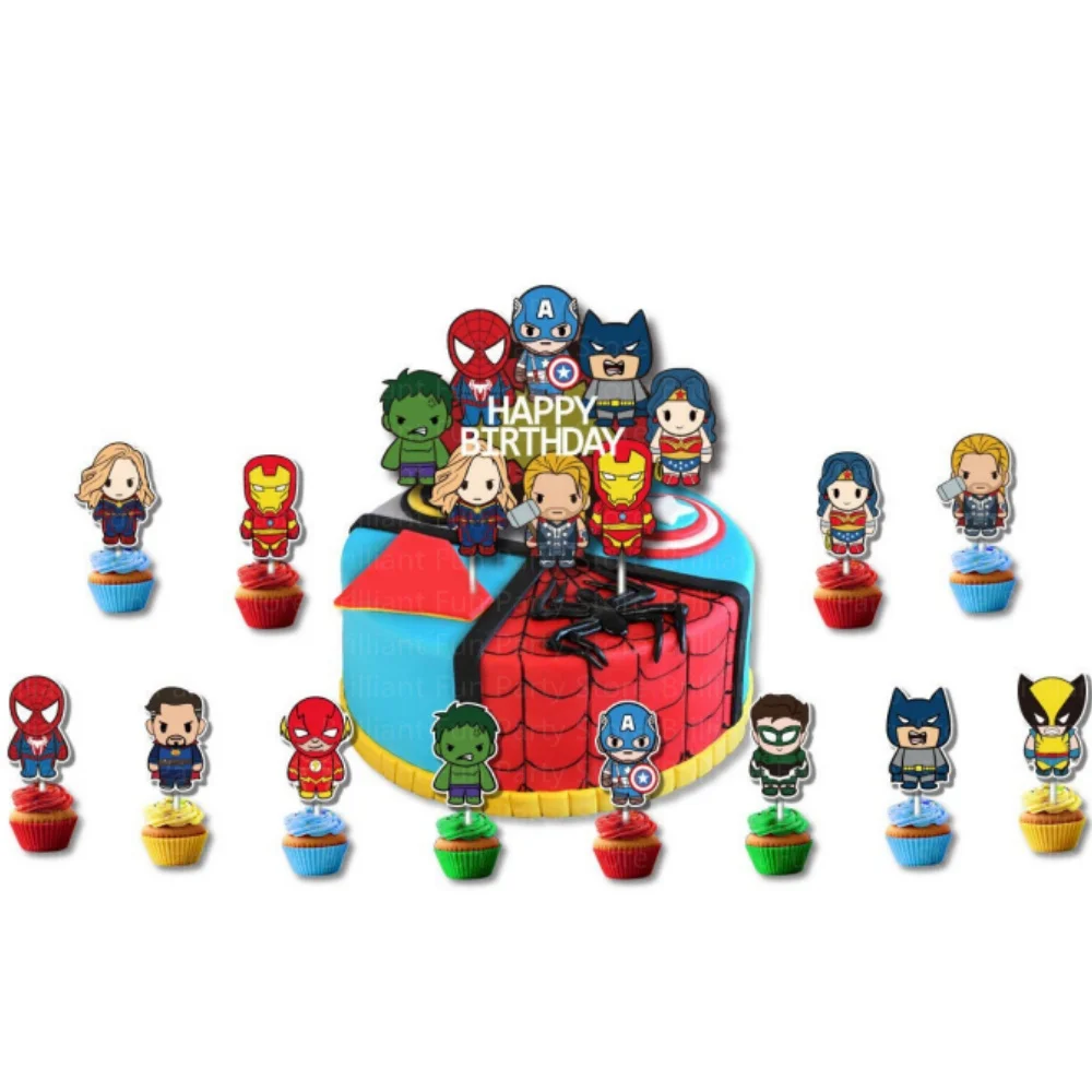 子供のためのアベンジャーケーキトッパー、カップケーキの装飾、漫画のヒーロー、誕生日パーティー、ベビーシャワー、スーパーヒーロー、13ピース/セット