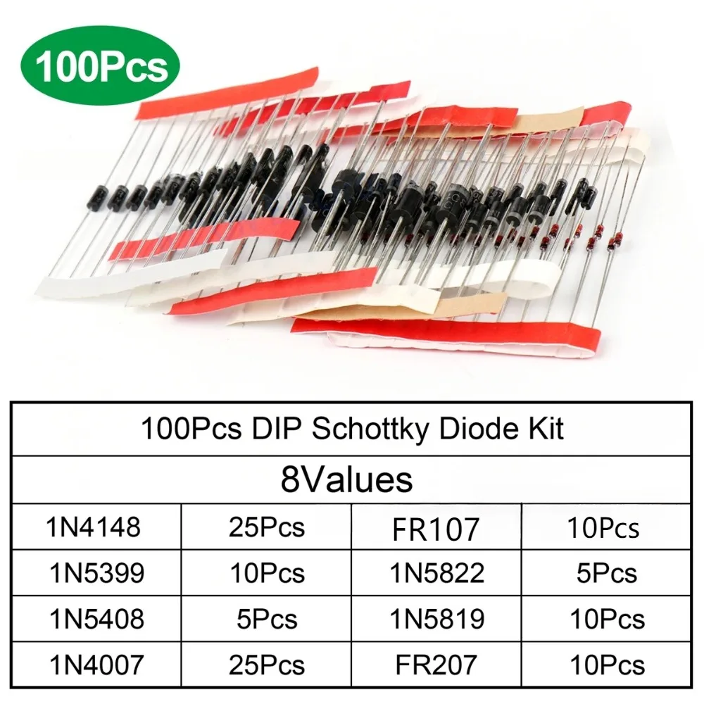 

Electronics Diode Assortment 100pcs 8 Values, Includes 1N4148/1N5819/FR207 for Arduino/Raspberry Pi Projects, DO-41 Package