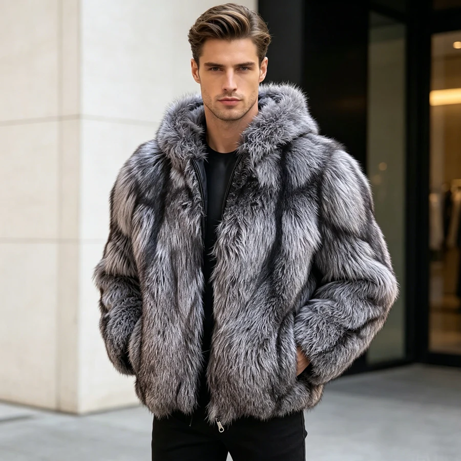 

Fox Fur Coat With Hood Real Silver Fox Fur Coat Men Autumn Winter Thick Fox Fur Coat Luxury Clothing Natural Full Skin Coats