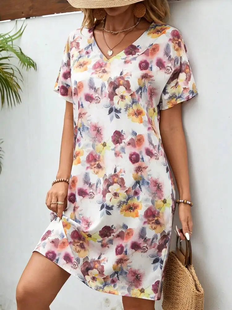 المرأة قميص فضفاض فستان مثير الإناث الخامس الرقبة قصيرة الأكمام ريشة الأزهار تي شيرت مطبوع فساتين الحفلات الفضفاضة الصغيرة