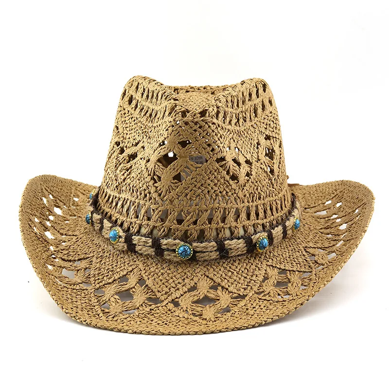 New Boho Hollow Out Straw Sun Hat Western Cowgirl Beach Hat Breathable Wide Brim Cap For Mother's Day Easter Vacation Headwears