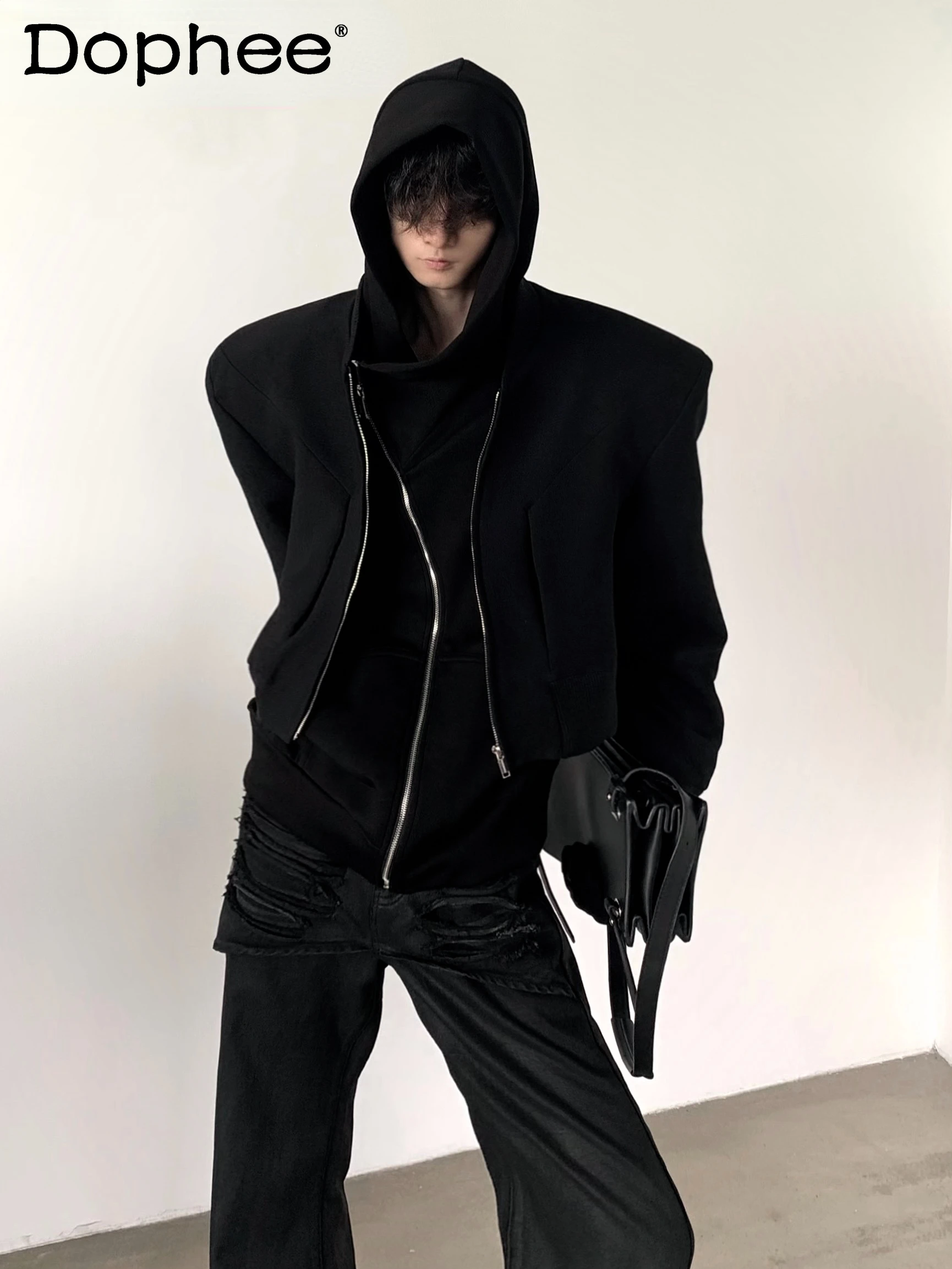 

2024 Autumn Fashion Jackets Minimalist Design Padded Shoulder Male Coats Men's Black High-End Trendy Long-Sleeve Short Jacket