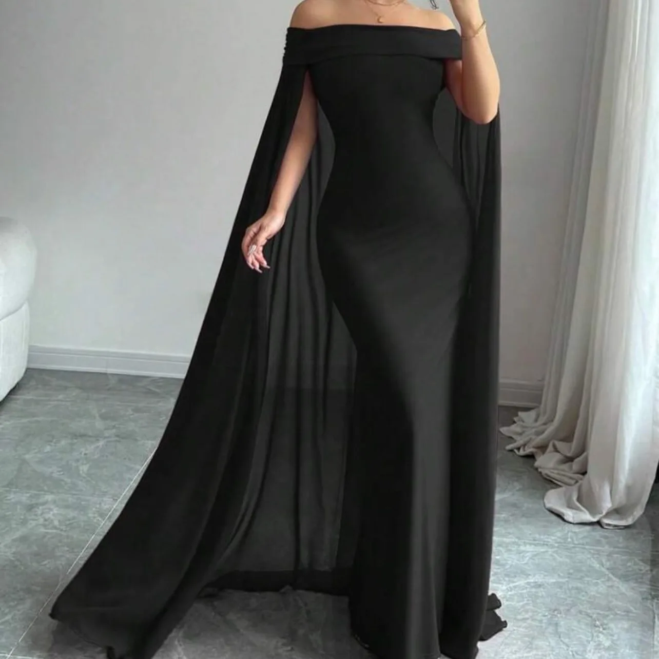 Sexy Off-Shoulder Fashionable Dress with Shawl H-Style Polyester Fabric Sleeveless Slim Fit Casual Wear for Young Women