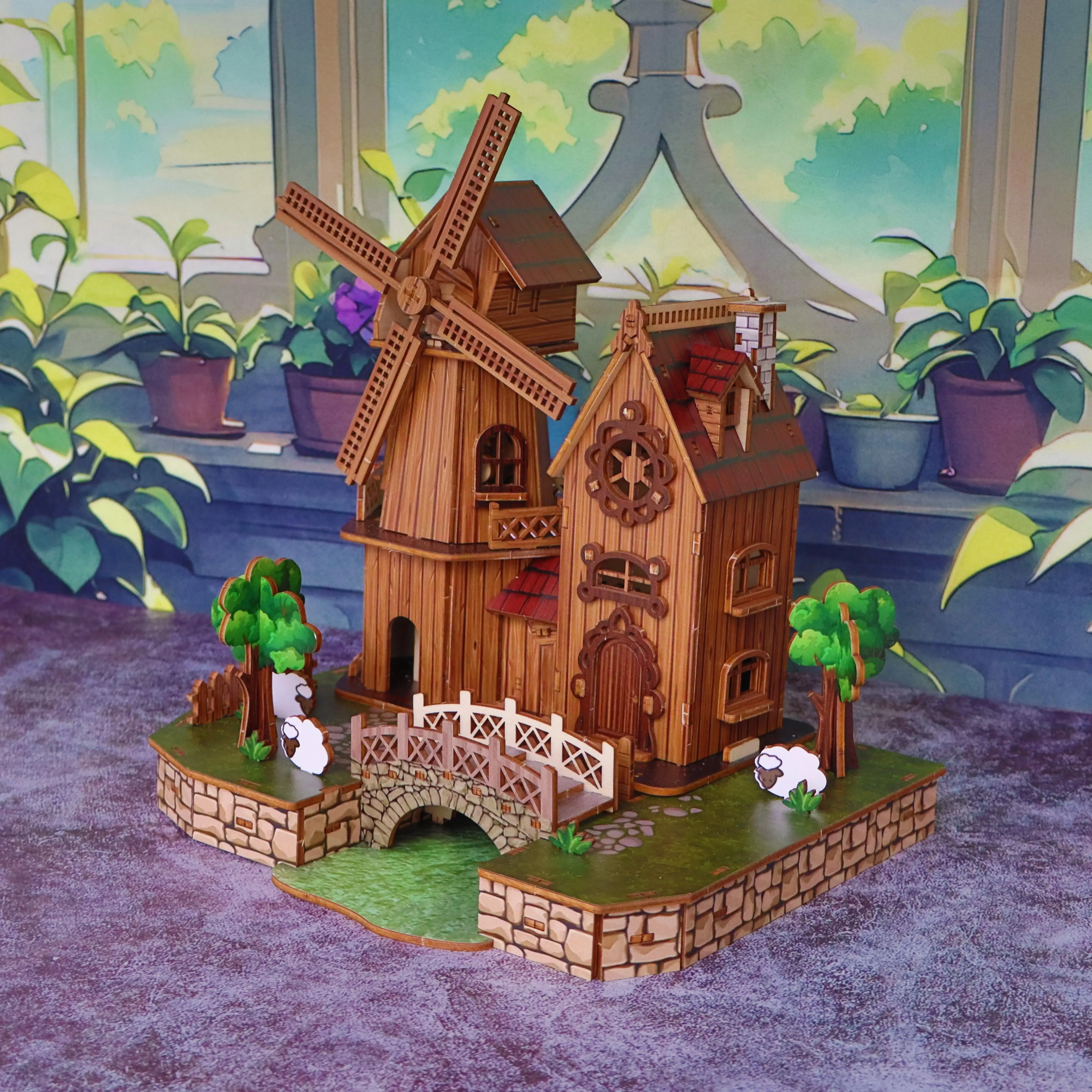 Parque de moinho de vento de quebra-cabeça de madeira 3D, modelo de cena de simulação de estilo pastoral, brinquedo de montagem DIY feito à mão, interação de lazer pai-filho