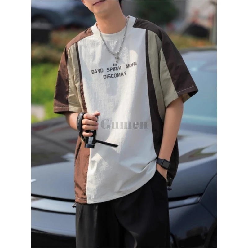 الرجال رقيقة INS العصرية الأعلى الشارع نمط طاقم الرقبة المحملة سريعة الجافة فضفاضة تناسب الصيف اللون حجب قصيرة الأكمام الأزرق تي شيرت غير رسمي