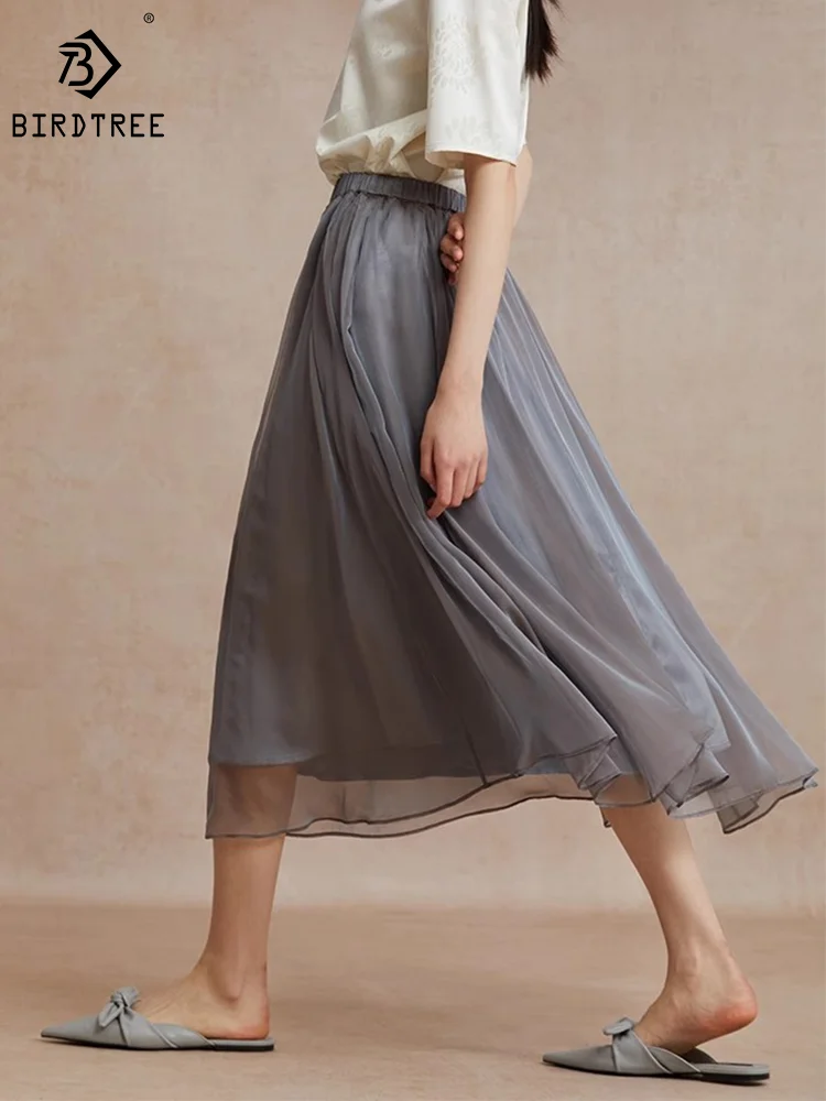 Birdtree 100%Mulberry Silk Crepe Women Skirt Elegant Retro Elastic Waist A-Line Elegant Skirts 2023 Summer Autumn New B3D662QM