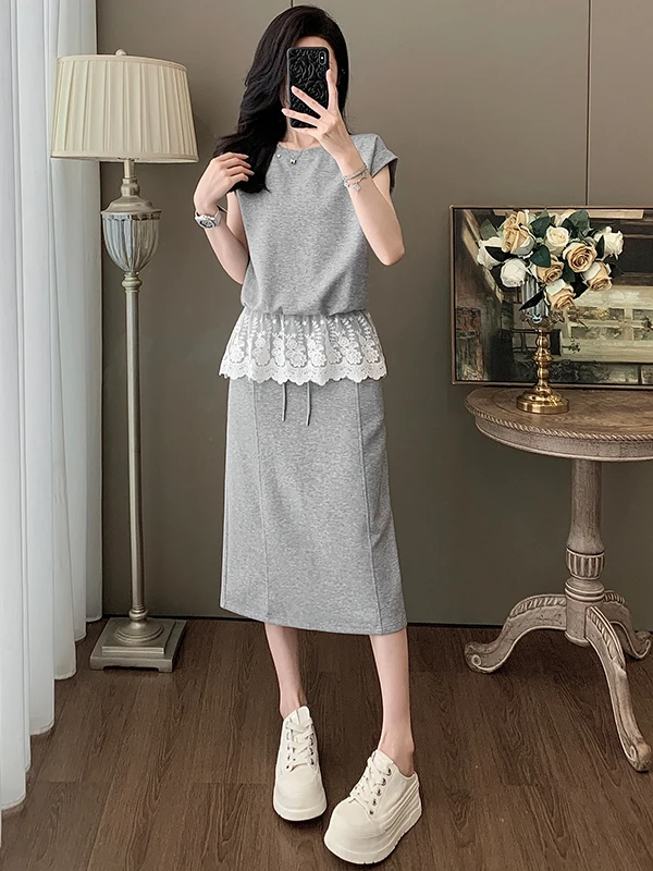

Fashionable Grey Short Sleeve Top And Half Skirt Two-Piece Set Women's Design Sensation Elegant Summer Outfit Cotton Casual S...