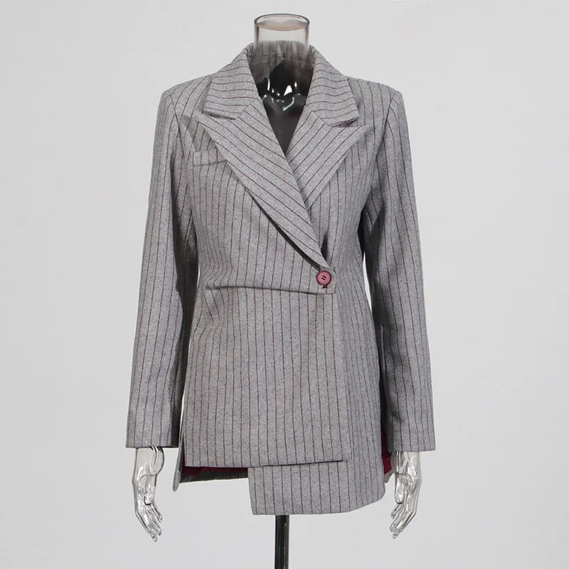 HKSH Blazer Voor Vrouwen Herfst Nieuwe Gestreepte Asymmetrische Ontwerp Notched Lange Mouw Taille Cinching Elegante Kantoor Dame Jas HK10855
