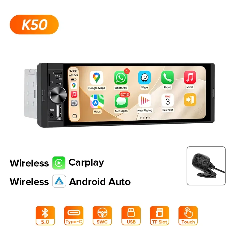AINAVI 1 Din 6.36" HD touchscreen autoradio MP5-speler met bedrade Carplay/Android Auto Bluetooth FM-radio-ontvanger USB TF AUX-IN